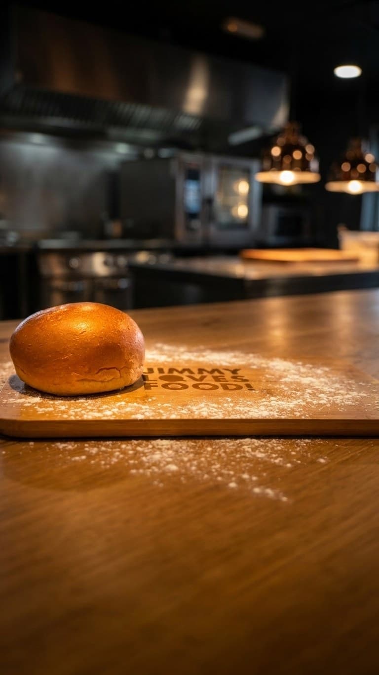 Potato bun op een houten plank met het logo van Jimmy Loves Food