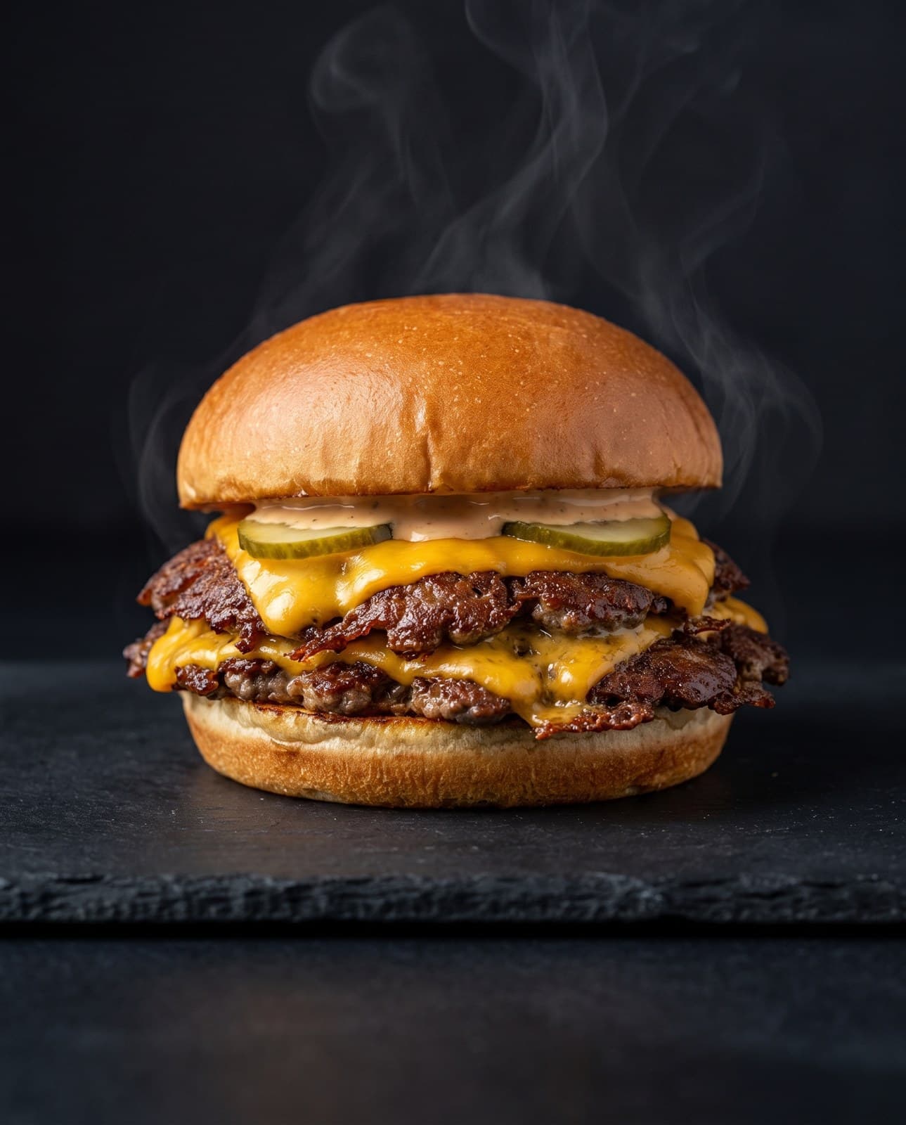 Dubbele smashburger met cheddar en augurk op een potato bun