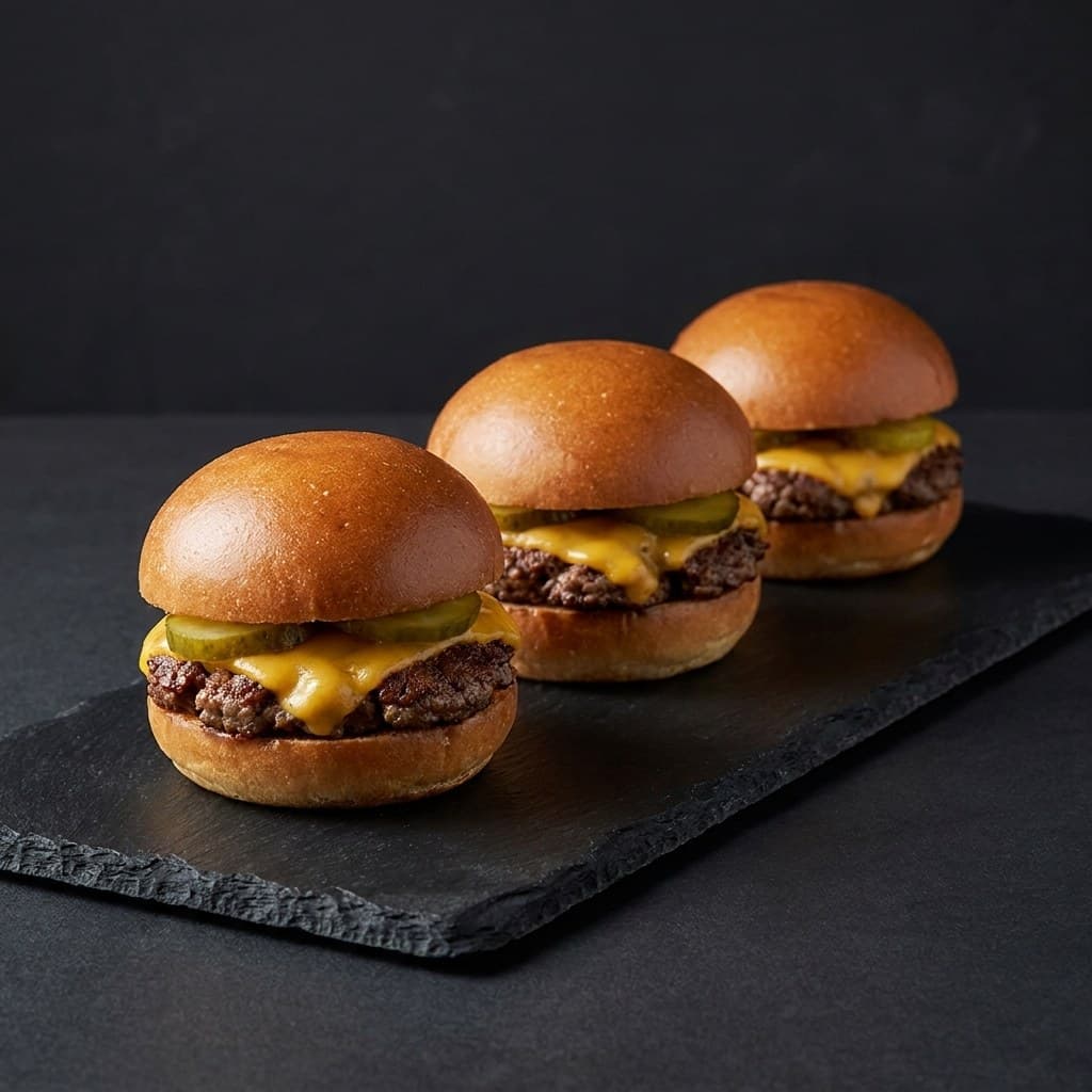 Drie sliders op kleine potato buns op een leistenen plank
